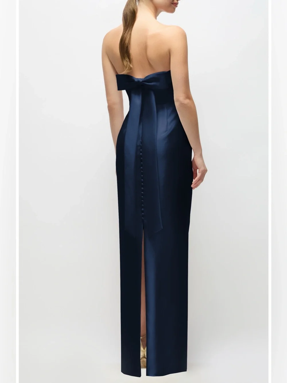 Alfred Sung Eliza Bow Back Strapless Satin Column Gown